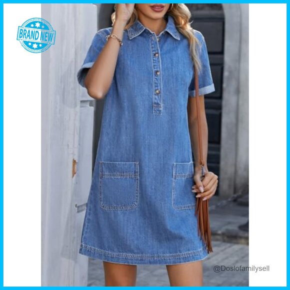 Denim Button Down Shirt Dress Casual Chic A-Line Summer Mini Dress - Picture 3 of 7